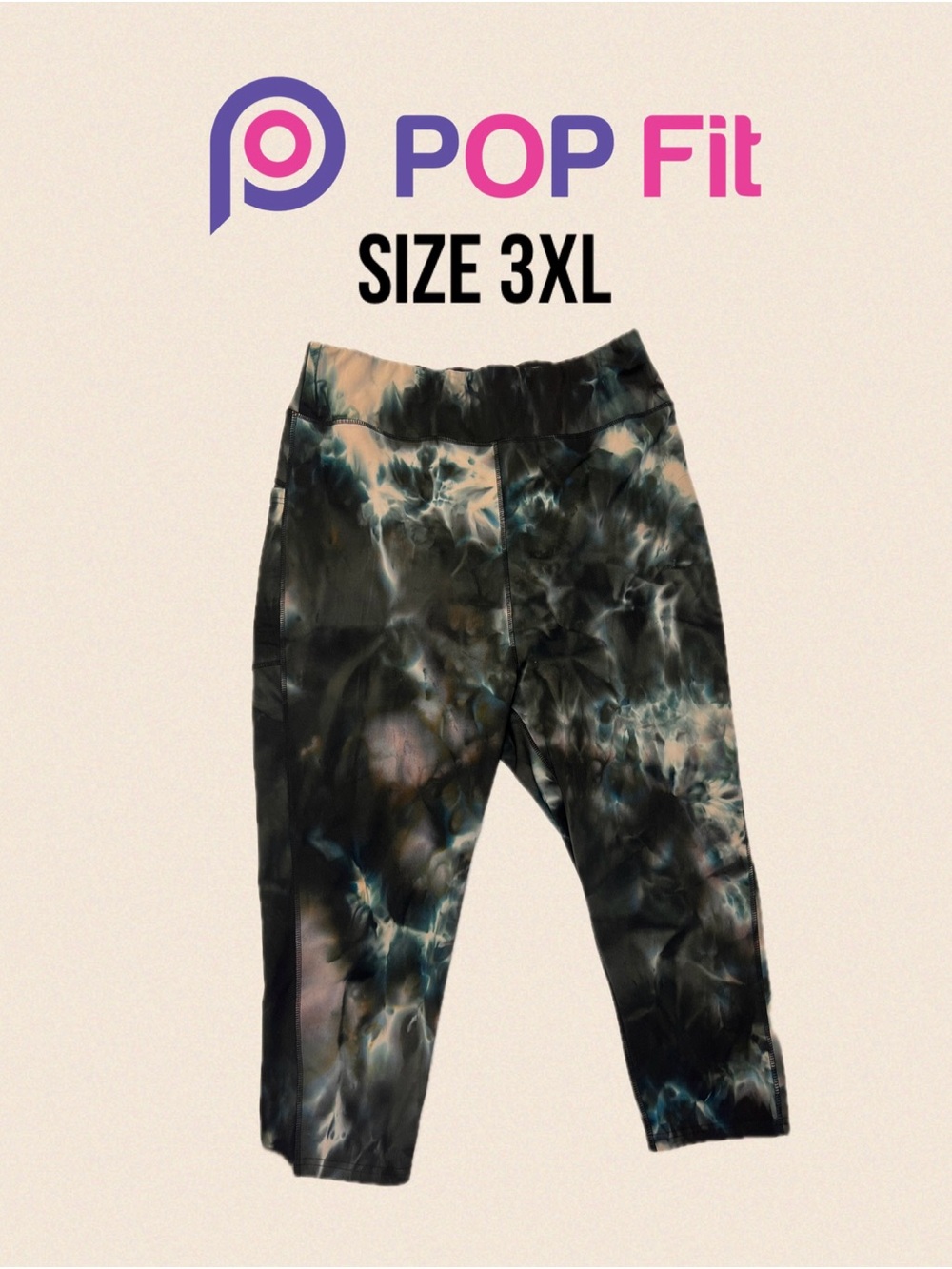 POP Fit Black Blue Tie Dye Abstract Smoke High Waisted Cropped Leggings Size 3XL